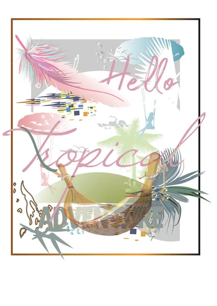 カラフルなモザイク 夏の活動で飾られた熱帯の葉や花でスローガンのデザインプリント パラグライダーの女の子 手書きのレタリングの引用 スローガンや言葉 手描きベクトルイラスト ロイヤリティフリーのストックイラスト