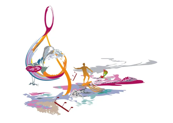 Анотація Музичного Дизайну Дерев Яними Гніздами Барвистими Сплесками Нотами Хвилями — стоковий вектор