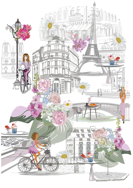 Set Van Parijse Symbolen Met Eiffeltoren Mode Meisjes Belettering Bonjour — Stockvector