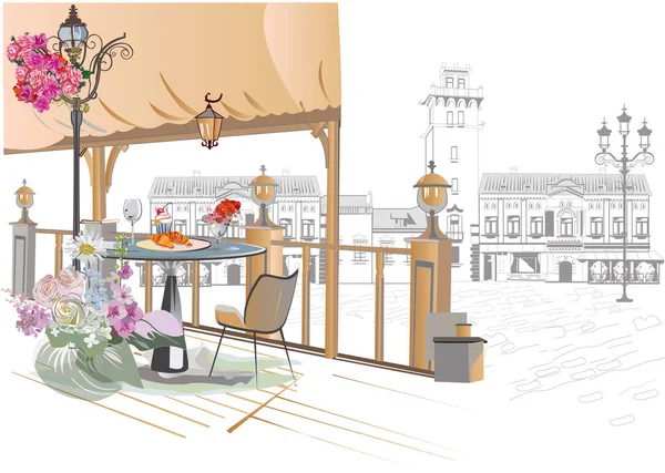 Серия Фонов Украшена Цветами Видами Старого Города Уличными Кафе Векторный — стоковый вектор