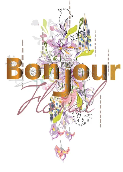 Slogan Σχέδιο Εκτύπωσης Λέξη Bonjour Τροπικά Φύλλα Και Λουλούδια Διακοσμημένα Διάνυσμα Αρχείου
