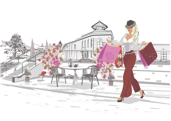 市内のショッピングバッグで帽子をかぶったファッション若い女性 花のある美しいストリートカフェ 手描きベクターイラスト ストックベクター