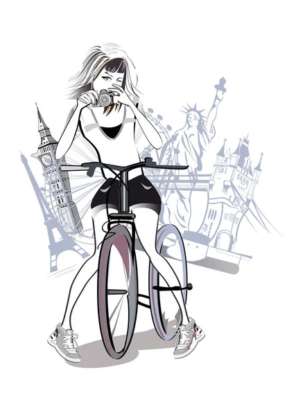 Moda Kızları Dizisi Aksesuarlı Çizimler Bisikletli Bir Kamerayla Fotoğraf Çekiyorlar — Stok Vektör