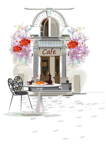 Seria Tła Ozdobione Kwiatami Widokiem Stare Miasto Kawiarni Ulicznych Okno — Wektor stockowy