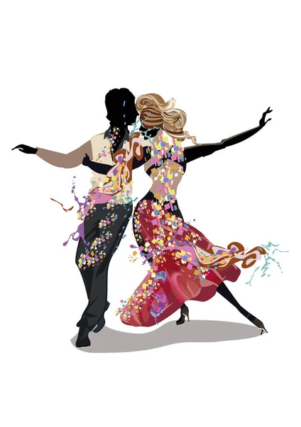 Abstract Dancing Couple Decorated Splashes Waves Notes Hand Drawn Vector — 图库矢量图片
