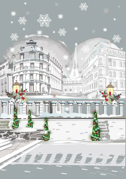 冬の旧市街でカラフルな通りの景色のシリーズ 手描きベクトル建築の背景と歴史的建造物 — ストックベクタ