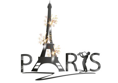 Paris ve Eyfel Kulesi harfleriyle dizayn, şapkalı moda kızları, müzisyenler. El çizimi vektör illüstrasyonu.