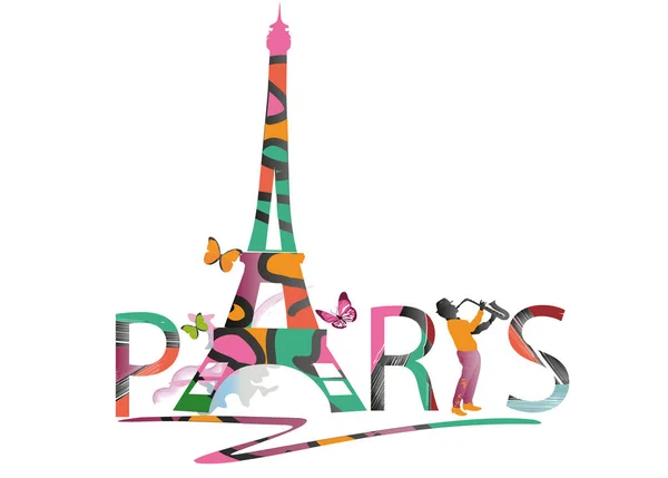 Ontwerp Met Belettering Parijs Eiffeltoren Muzikanten Een Vuurwerk Handgetekende Vectorillustratie Stockillustratie