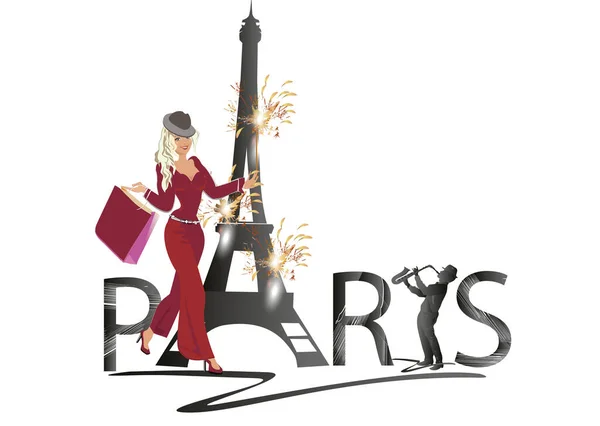 Design Med Bokstäver Paris Och Eiffeltornet Modeflickor Hattar Musiker Handritad Vektorgrafik