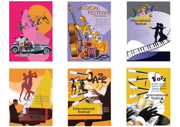 Abstracte Kleurrijke Posters Met Muzikanten Muziekinstrumenten Het Feest Een Jazzband Stockillustratie