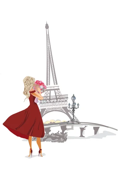 Hermosa Mujer Rubia Con Flores Fondo Con Torre Eiffel Ilustración Vector de stock