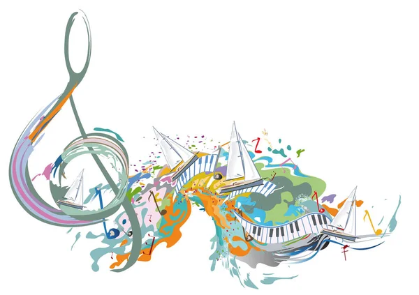 Abstrakte Farbenfrohe Musikalische Gestaltung Mit Musikern Notenschlüssel Und Musikalische Wellen Stockillustration