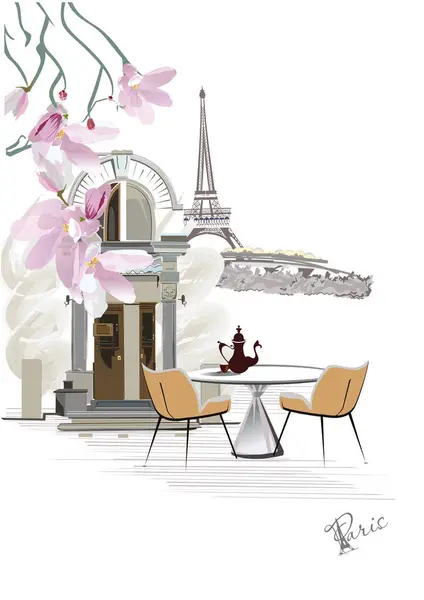 Paris Kafe Çiçeklerle Sokak Manzarası Serisi Tarihi Binalarla Çizimi Vektör Stok Vektör