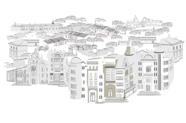 Řada Výhledů Ulici Starém Městě Ručně Kreslené Vektorové Architektonické Cestovní Royalty Free Stock Vektory