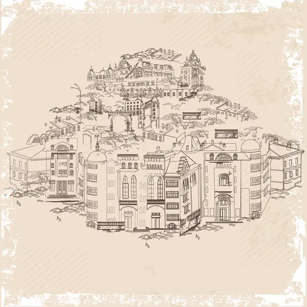 旧城的一系列街景 带有历史建筑的手工绘制矢量建筑旅行背景 图库插图