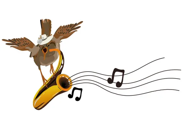 Músico Pájaro Con Sombrero Trompeta Ilustración Vectorial Dibujada Mano — Vector de stock