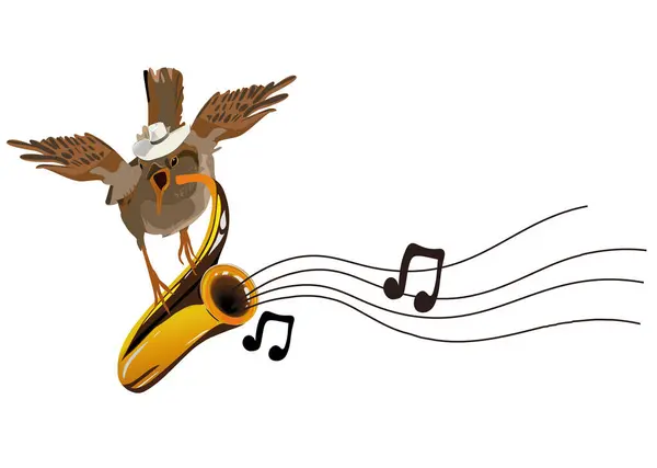 Ein Vogelmusiker Mit Hut Und Trompete Handgezeichnete Vektorillustration lizenzfreie Stockillustrationen