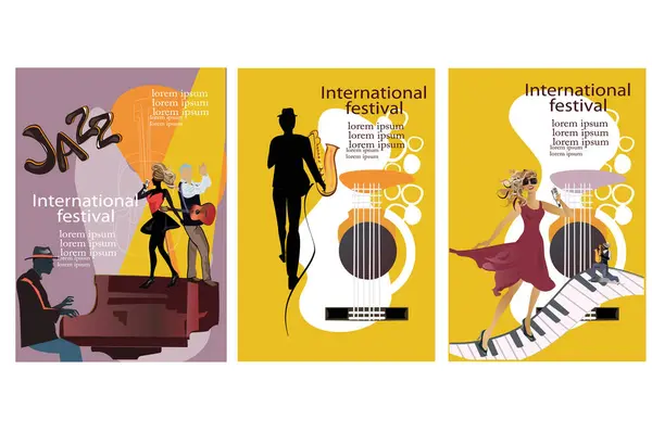 Abstracte Kleurrijke Posters Met Muzikanten Muziekinstrumenten Het Feest Een Jazzband Stockvector