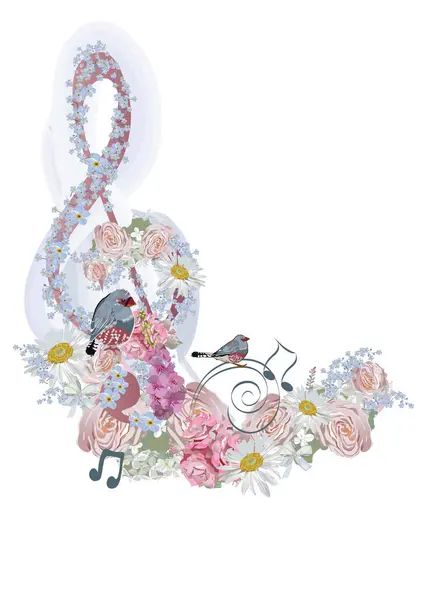 Clave Agudos Abstracta Decorada Con Flores Verano Primavera Notas Pájaros — Vector de stock