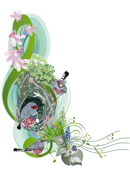 夏と春の花 ノート 鳥で装飾された抽象的な宝石のクリーフ Tシャツ カバー グリーティングカード ウォールアート 招待状のための手描きミュージカルベクターイラスト ストックベクター