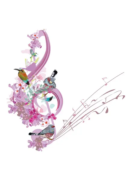 Chiave Violino Astratta Decorata Con Fiori Estivi Primaverili Note Uccelli Vettoriali Stock Royalty Free