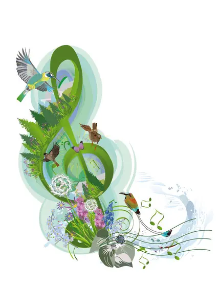 夏と春の花 ノート 鳥で装飾された抽象的な宝石のクリーフ Tシャツ カバー グリーティングカード ウォールアート 招待状のための手描きミュージカルベクターイラスト ロイヤリティフリーストックベクター