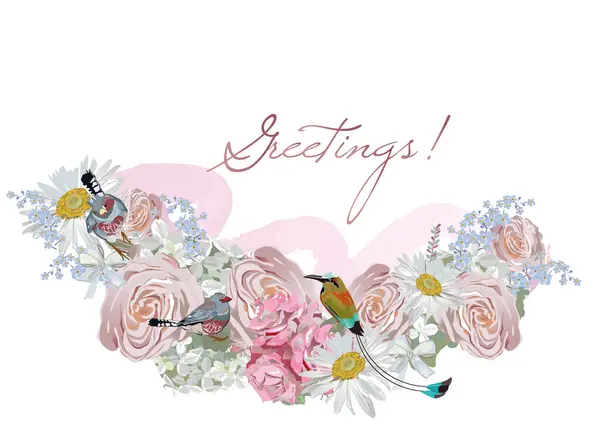 Serie Floreale Sfondi Saluto Con Uccelli Decorati Con Rose Margherite Vettoriale Stock