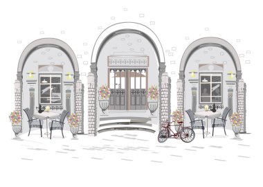 Çiçeklerle dekore edilmiş arka planlar, eski kasaba manzaraları ve sokak kafeleri. El çizimi vektör mimari arkaplan. 