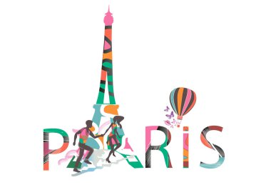 Paris ve Eyfel Kulesi harfleriyle dizayn edilmiş, romantik bir çift, kelebekler. El çizimi vektör illüstrasyonu.