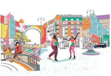 Series of colorful retro street views with fashion people in the old city. Hand drawn vector architectural background with historic buildings. Romantic couple in passionate Latin American dances. 