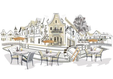 Çiçeklerle dekore edilmiş arka planlar, eski kasaba manzaraları ve sokak kafeleri. Tarihi binalarla el çizimi vektör mimari arka plan. 