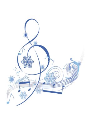 Kış müziği. Kar taneleri, notalar, çobanpüskülleri ve kuşlarla süslenmiş soyut bir tuş. Vektör illüstrasyonu.