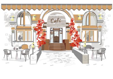 Kahve müzik. Soyut tiz nota anahtarı müzisyenler ve kafe pencere ile dekore edilmiştir. Çizilmiş vektör çizim el.