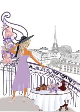 Çiçeklerle süslenmiş Fransız mimarisi serileri, Paris 'te güzel kızlar ve sokak kafeleri. El çizimi vektör illüstrasyonu.