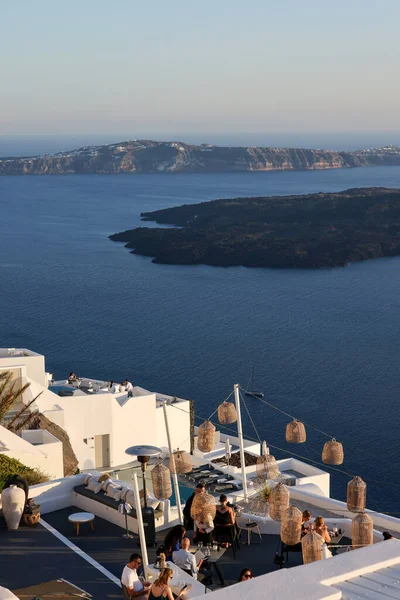 Imerovigli Santorini Griekenland Juni 2021 Tafels Het Terras Van Het — Stockfoto