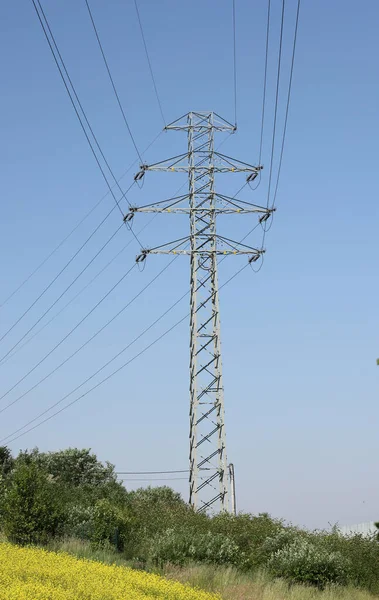 High Voltage Power Pole Lines Blue Sky — Stockfoto