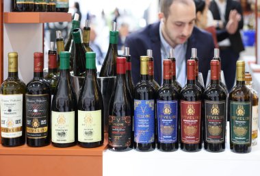 Cracow, Polonya - 17 Kasım 2022: Uluslararası Şarap Fuarı ENOEXPO, Krakow. Dünyanın dört bir yanından şarap üreticileri ithalat dağıtımcıları ve temsilcileriyle tanışıyor.. 