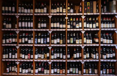  La Morra, Piedmont, Italy - Sept 8, 2022: Interior of a wine shop in La Morra, Piedmont, Italy