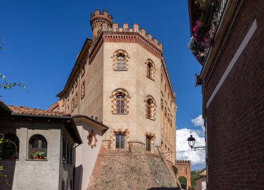 The town of Barolo, with the Falletti castle in Langhe region. Piedmont, Italy