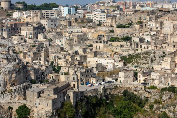 Sassi Matera Nın Panoramik Manzarası Matera Şehrinin Tarihi Bir Bölgesidir — Stok fotoğraf