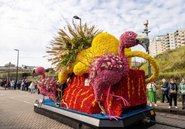 Noordwijk, Hollanda - 22 Nisan 2023: Geleneksel çiçekler Noordwijk 'ten Hollanda' daki Haarlem 'e Bloemencorso geçit töreni. 