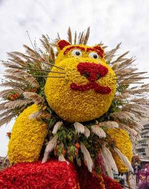 Noordwijk, Hollanda - 22 Nisan 2023: Geleneksel çiçekler Noordwijk 'ten Hollanda' daki Haarlem 'e Bloemencorso geçit töreni. 