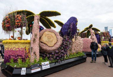 Noordwijk, Hollanda - 22 Nisan 2023: Bloemencorso Bollenstreek 'te Noordwijk' ten Hollanda 'daki Haarlem' e her yıl düzenlenen Bahar Çiçeği Geçidi 'nde muhteşem çiçekler kaplandı. 