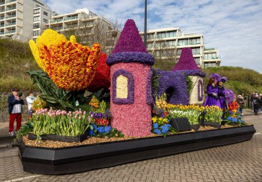 Noordwijk, Hollanda - 22 Nisan 2023: Bloemencorso Bollenstreek 'te Noordwijk' ten Hollanda 'daki Haarlem' e her yıl düzenlenen Bahar Çiçeği Geçidi 'nde muhteşem çiçekler kaplandı. 