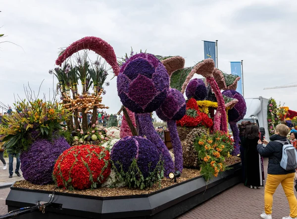 stock image Noordwijk, Netherlands - April 22, 2023: Spectacular flower covered floats in the Bloemencorso Bollenstreek the annual spring flower parade from Noordwijk to Haarlem in the Netherlands. 