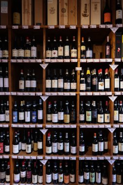  La Morra, Piedmont, Italy - Sept 8, 2022: Interior of a wine shop in La Morra, Piedmont, Italy