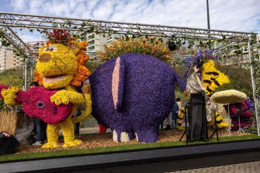 Noordwijk, Hollanda - 22 Nisan 2023: Bloemencorso Bollenstreek 'te Noordwijk' ten Hollanda 'daki Haarlem' e her yıl düzenlenen Bahar Çiçeği Geçidi 'nde muhteşem çiçekler kaplandı. 