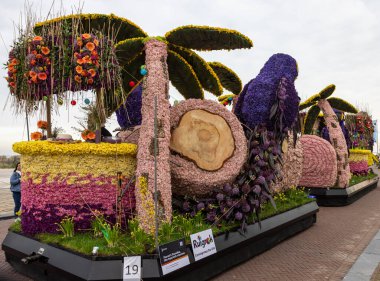 Noordwijk, Hollanda - 22 Nisan 2023: Bloemencorso Bollenstreek 'te Noordwijk' ten Hollanda 'daki Haarlem' e her yıl düzenlenen Bahar Çiçeği Geçidi 'nde muhteşem çiçekler kaplandı. 