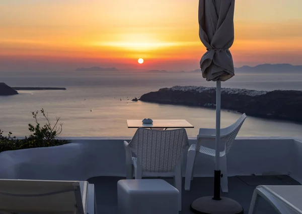 Terrasse Dorf Imerovigli Mit Fantastischem Blick Auf Den Sonnenuntergang Über — Stockfoto