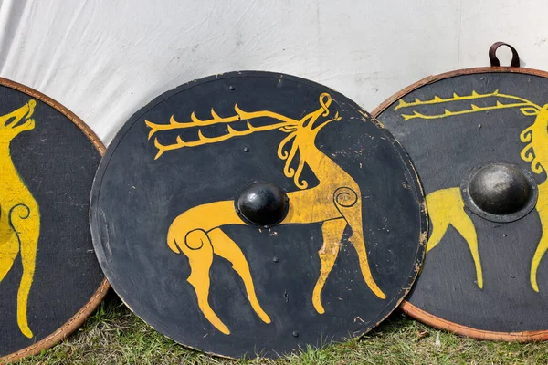 Armas Medievais Escudos Acampamento Cavaleiros Festival Reconstrução Histórica — Fotografia de Stock